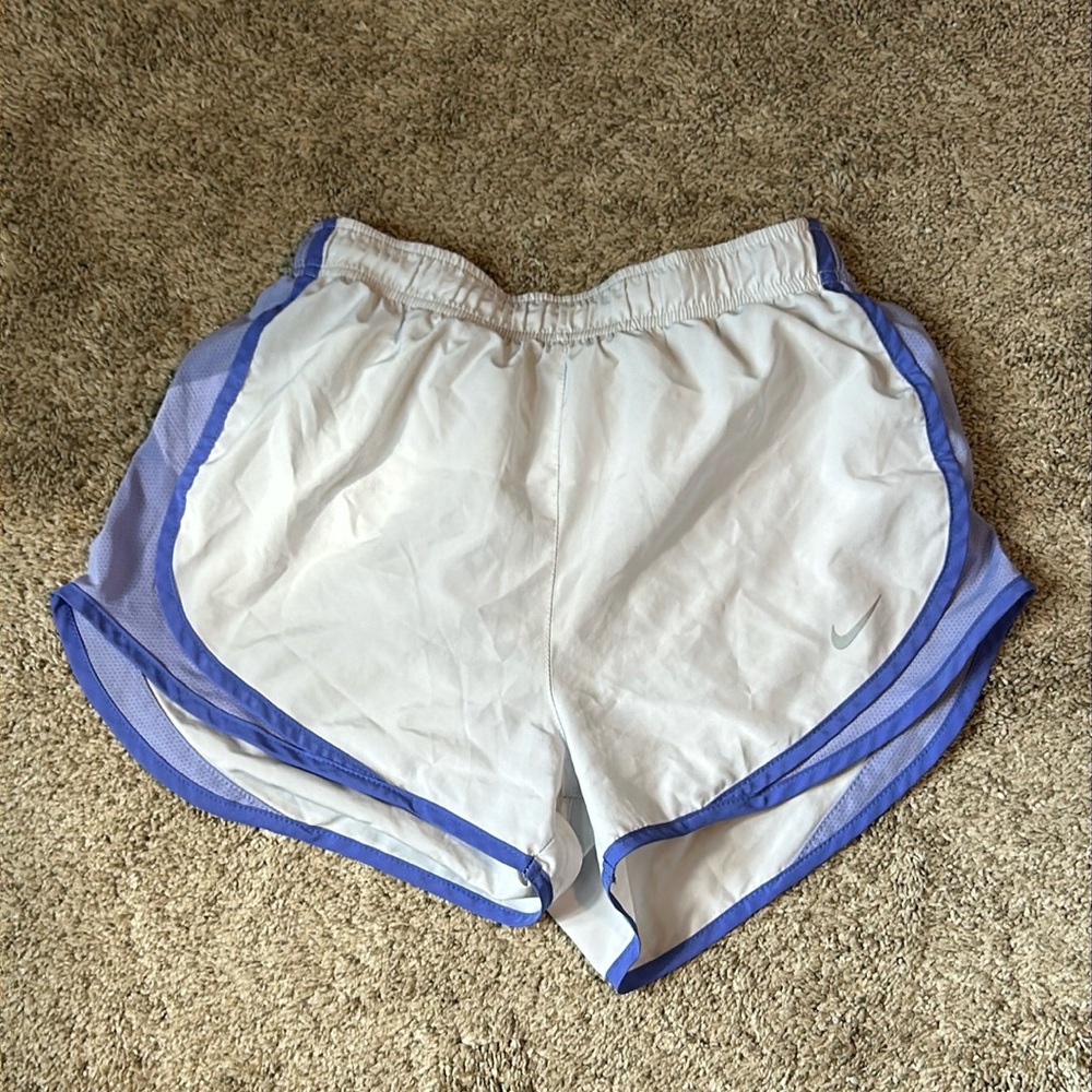 White and purple Nike athletic shorts, size S